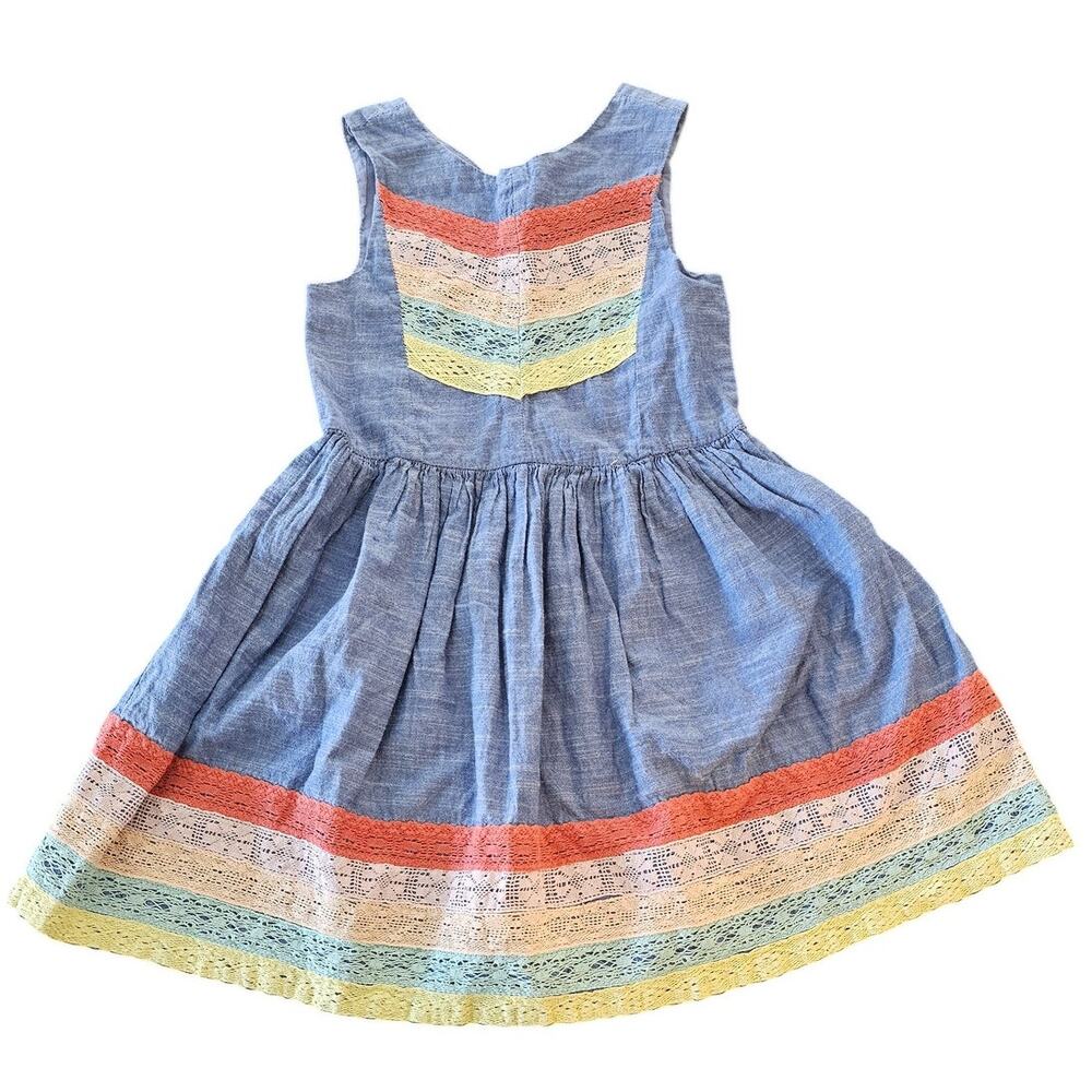 Aphorism Girls Sz 6X Knee Length Dress Sundress Blue Chambray Lace Trim